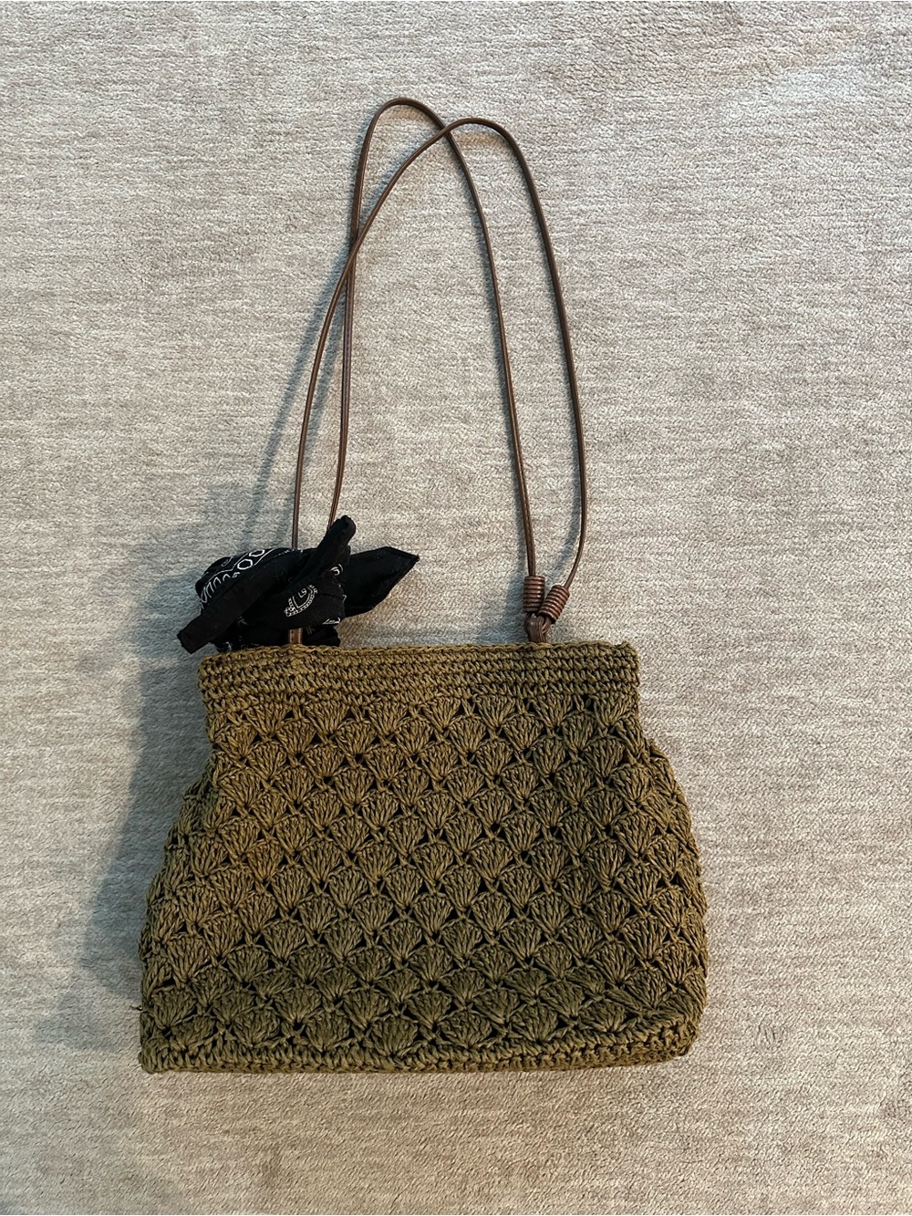 Tan Dark Olive Crochet Straw Shoulder Bag